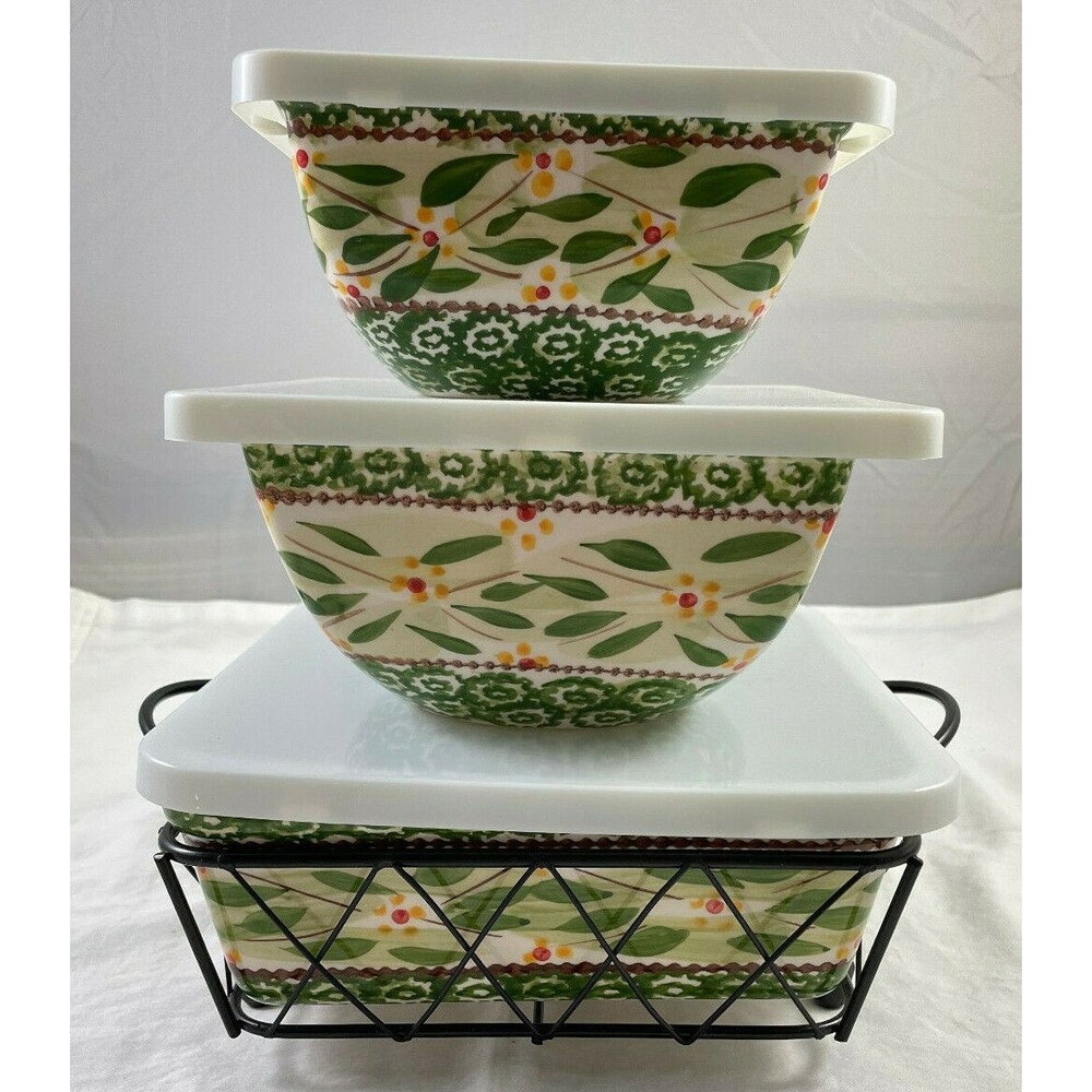 Temptations Square Bakeware 7 PC Set Green Old World Metal Basket 3 Lids &Dishes